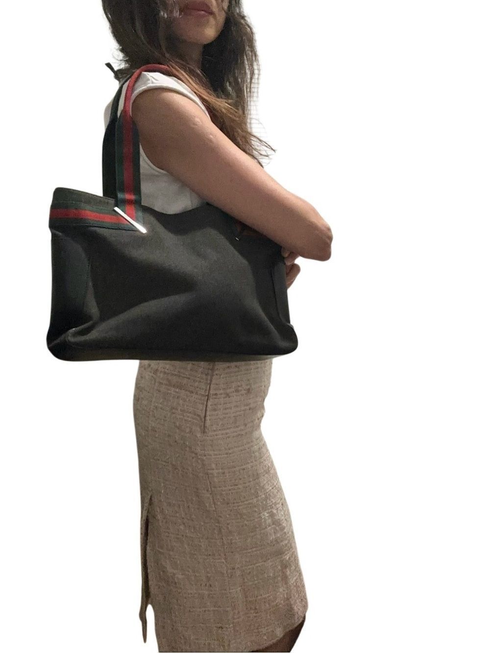Gucci Black denim Canvas Tote with Red & Green Stripe Handles